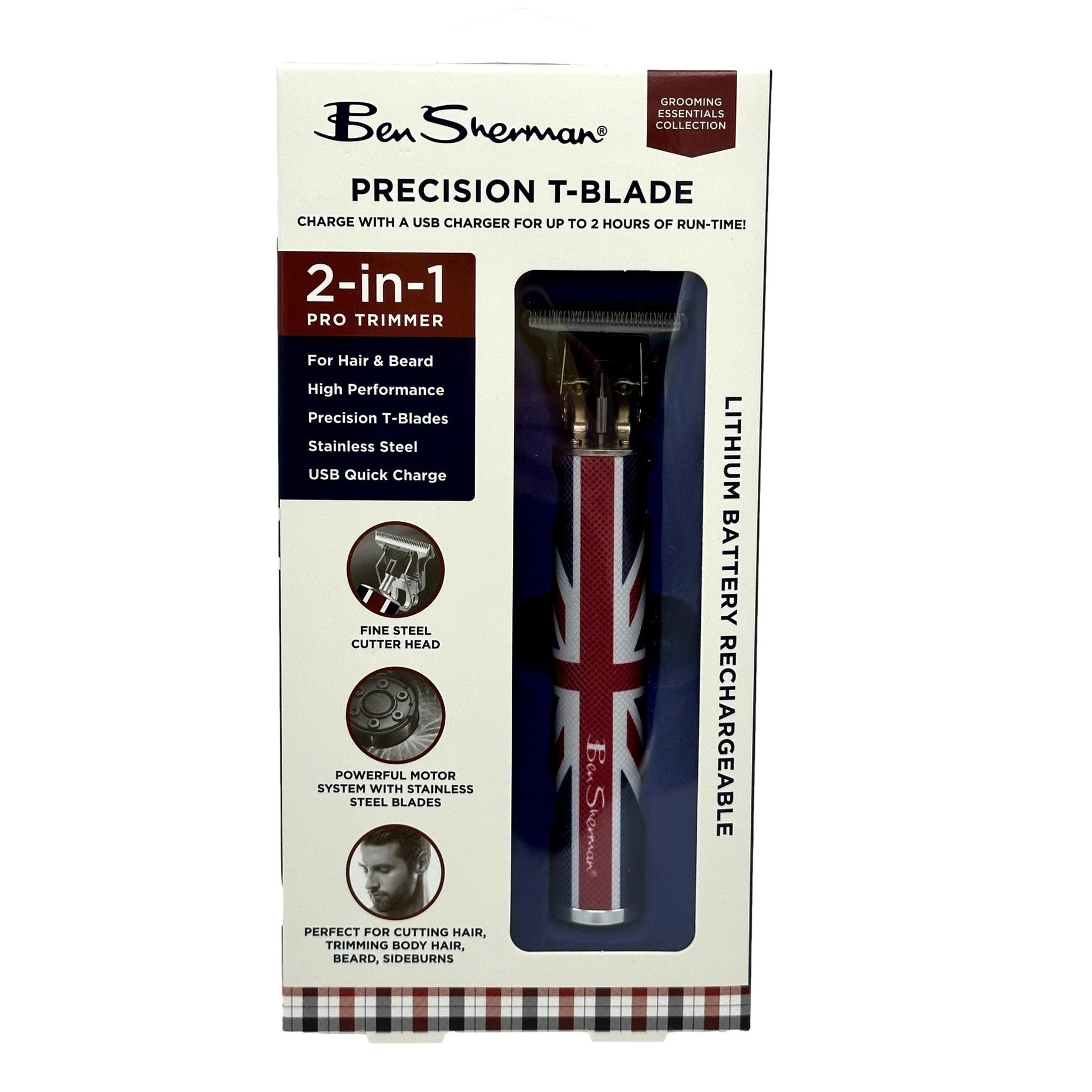 Box of Ben Sherman Precision T-Blade 2-in-1 Pro Trimmer with Union Jack design.